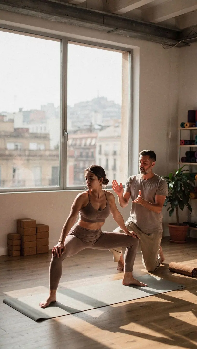 Grupo de practicantes de yoga en una clase, concentrados en su alineación y respiración para mejorar su composición corporal.