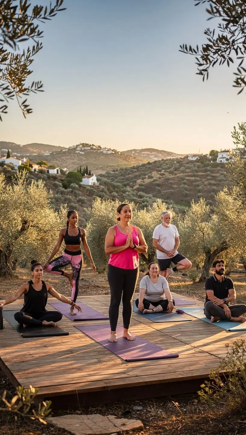 Una vista de un espacio de yoga iluminado, con esterillas y accesorios listos para una sesión de entrenamiento estratégico.
