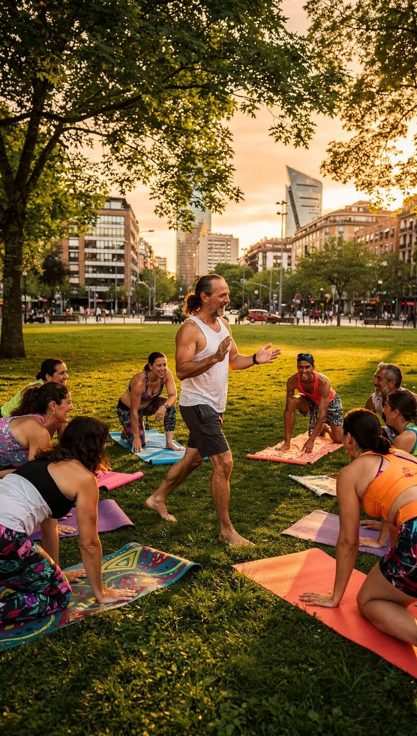 Grupo de practicantes de yoga en una clase, concentrados en su alineación y respiración para mejorar su composición corporal.