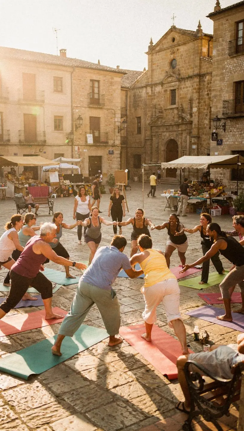 Grupo de practicantes de yoga en una clase, concentrados en su alineación y respiración para mejorar su composición corporal.