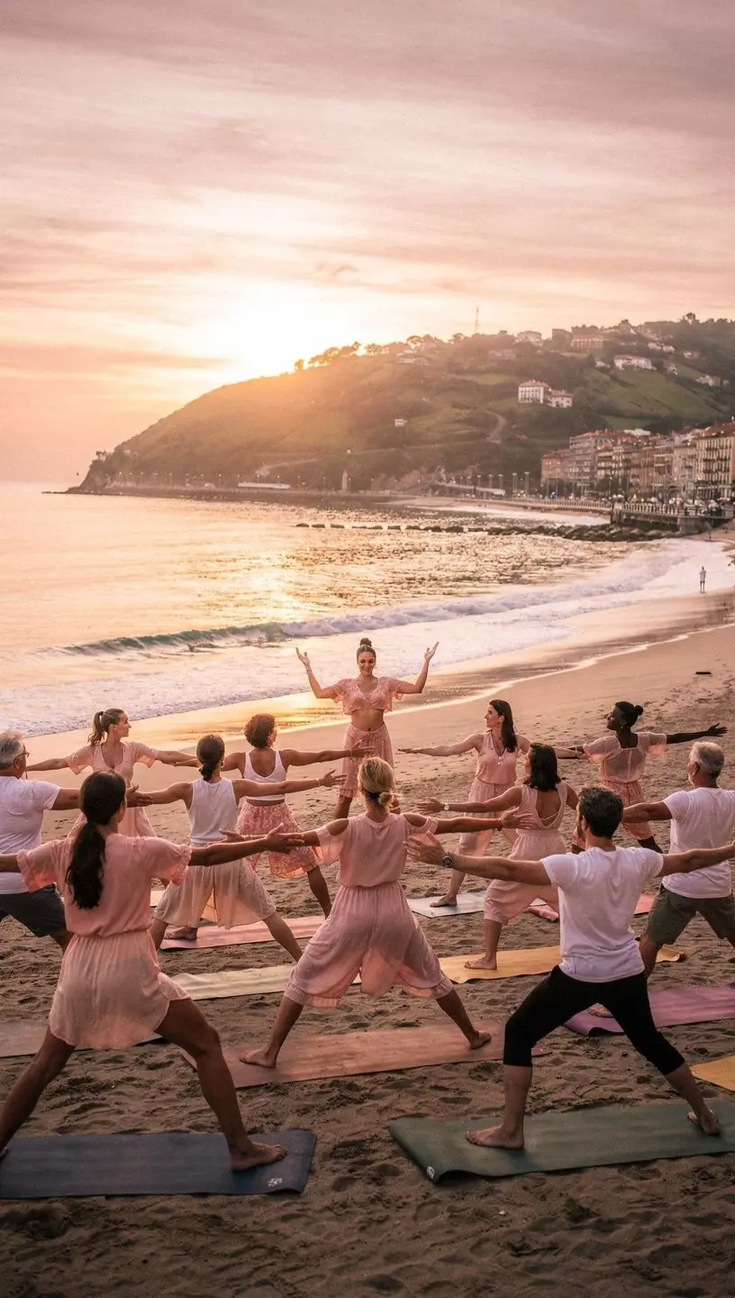 Grupo de practicantes de yoga en una clase, concentrados en su alineación y respiración para mejorar su composición corporal.