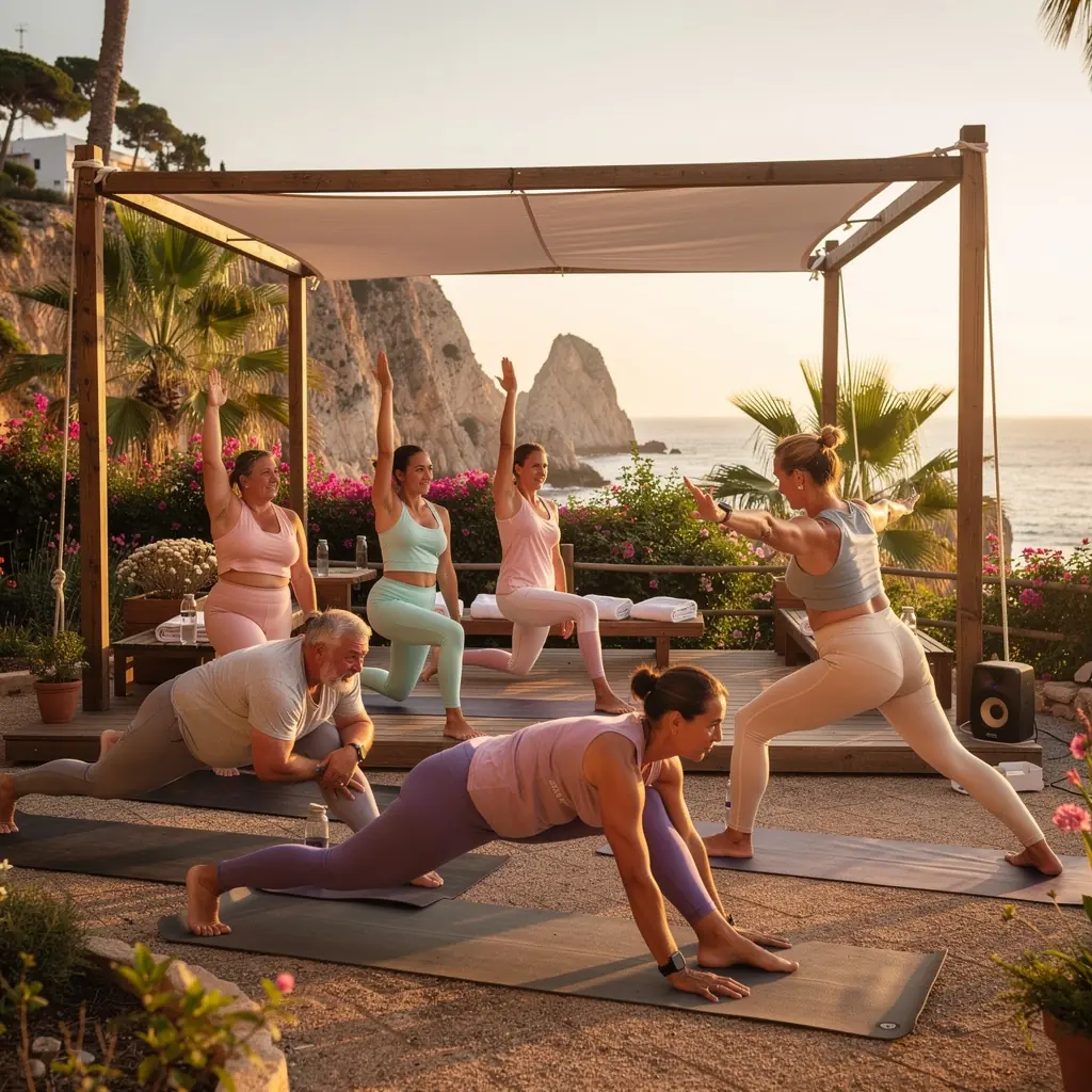 Grupo de practicantes de yoga en una clase, concentrados en su alineación y respiración para mejorar su composición corporal.
